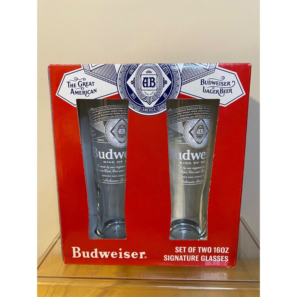 NEW BUDWEISER SET OF TWO SIGNATURE GLASSES 16oz